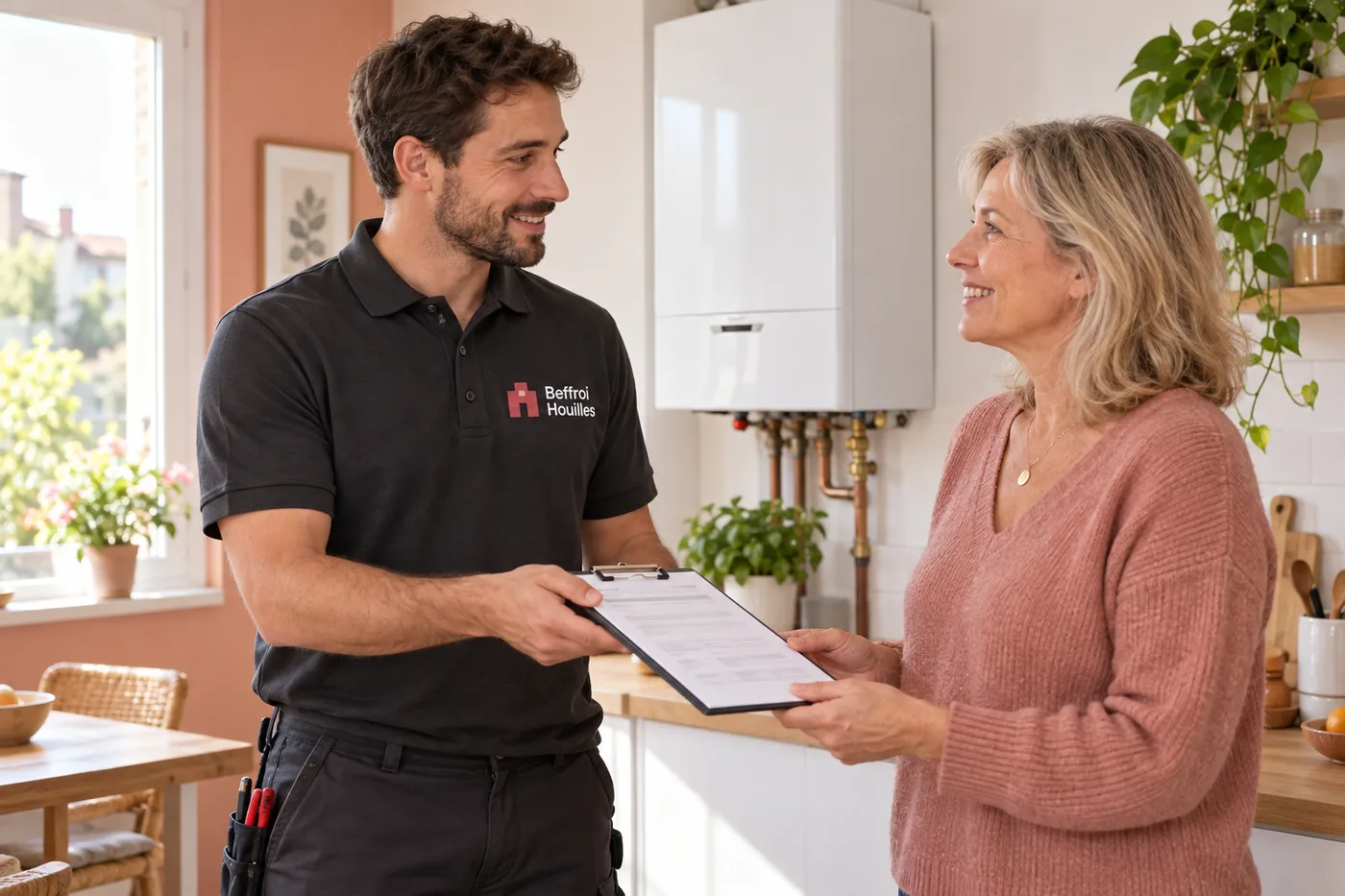 Chauffagiste de Beffroi Houilles remettant l'attestation d'entretien à une habitante, à côté de sa chaudière murale gaz