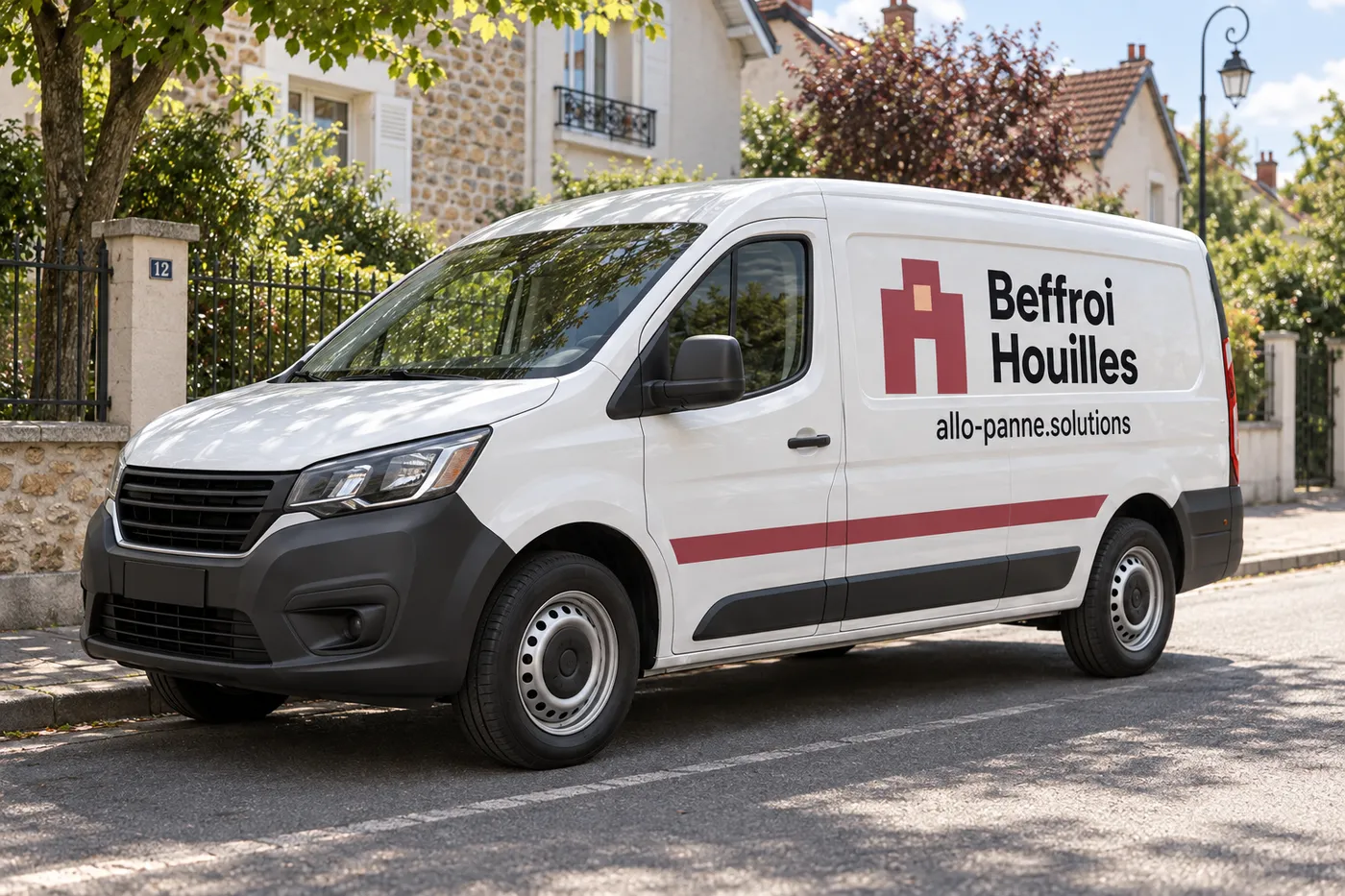 Camionnette blanche aux couleurs de Beffroi Houilles, allo-panne.solutions, garée dans une rue pavillonnaire de Houilles