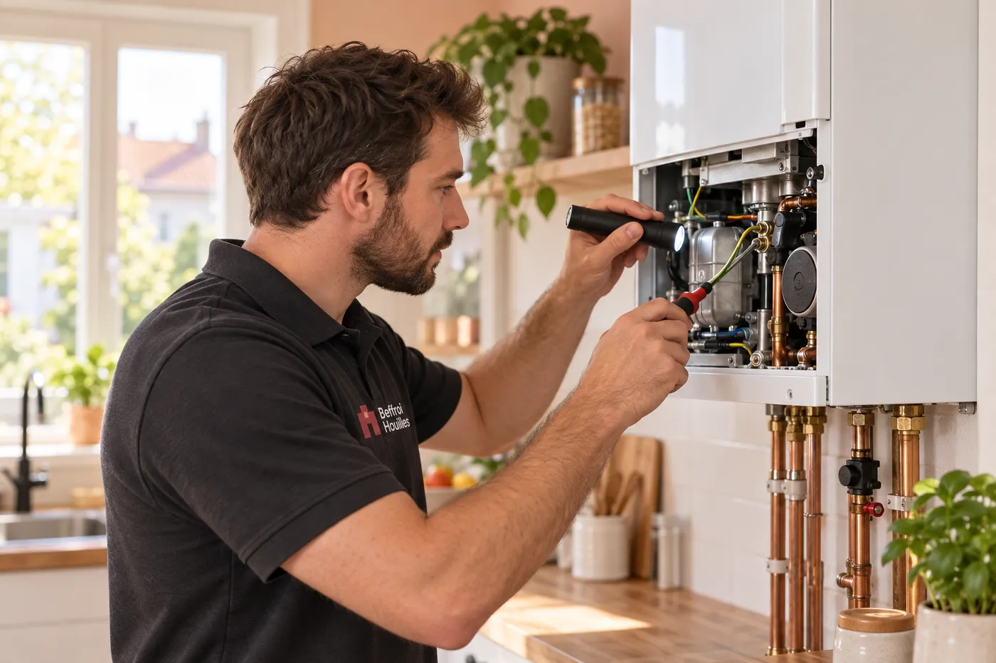 Chauffagiste de Beffroi Houilles en polo charbon entretenant une chaudière murale gaz ouverte, dans une cuisine à Houilles