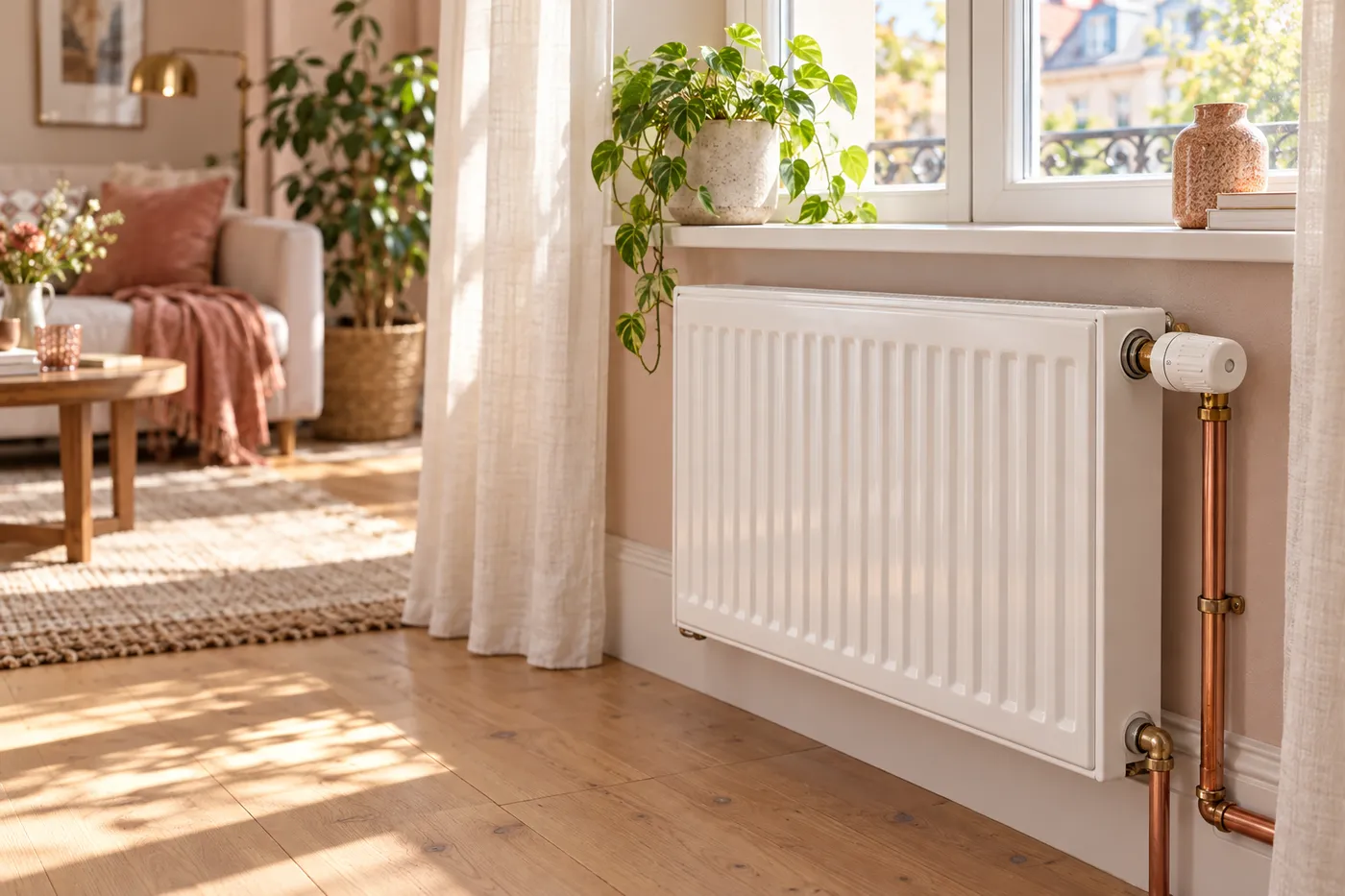 Radiateur blanc avec robinet thermostatique et raccords en cuivre sous une fenêtre de salon
